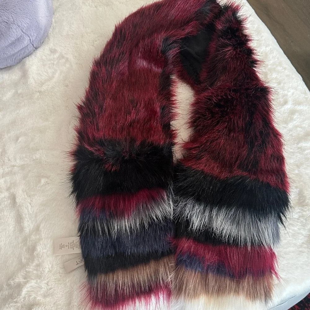 LOFT Burgundy, Blue & Black Faux Fur Scarf Size ~48L